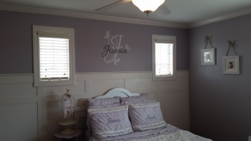 Girl's room ideas. Wainscoting tutorial. Board and batten. Purple bedroom. Vinyl lettering. Pottery barn bedding. Trim windows.